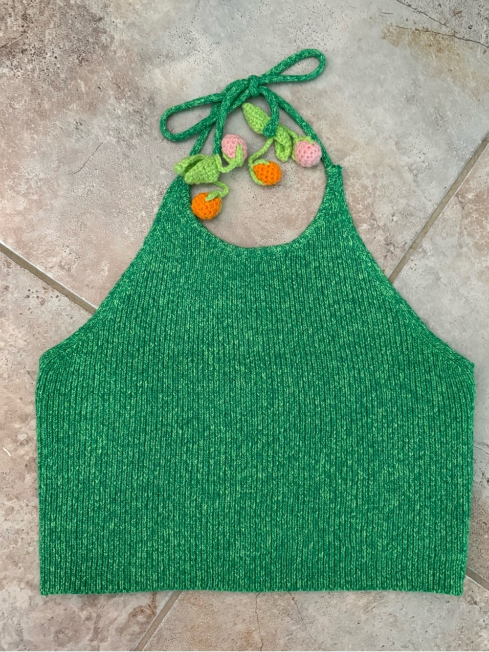 Crochet Fruit Green Halter Top Women’s Large 3D Cottagecore Boho Festival Summer